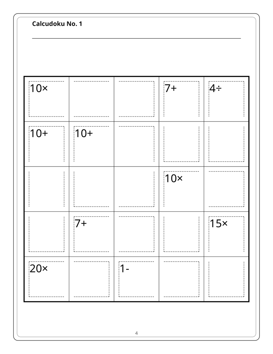 A worked example page from the free calcudoku set, showing one
                    5x5 puzzle printed at full size