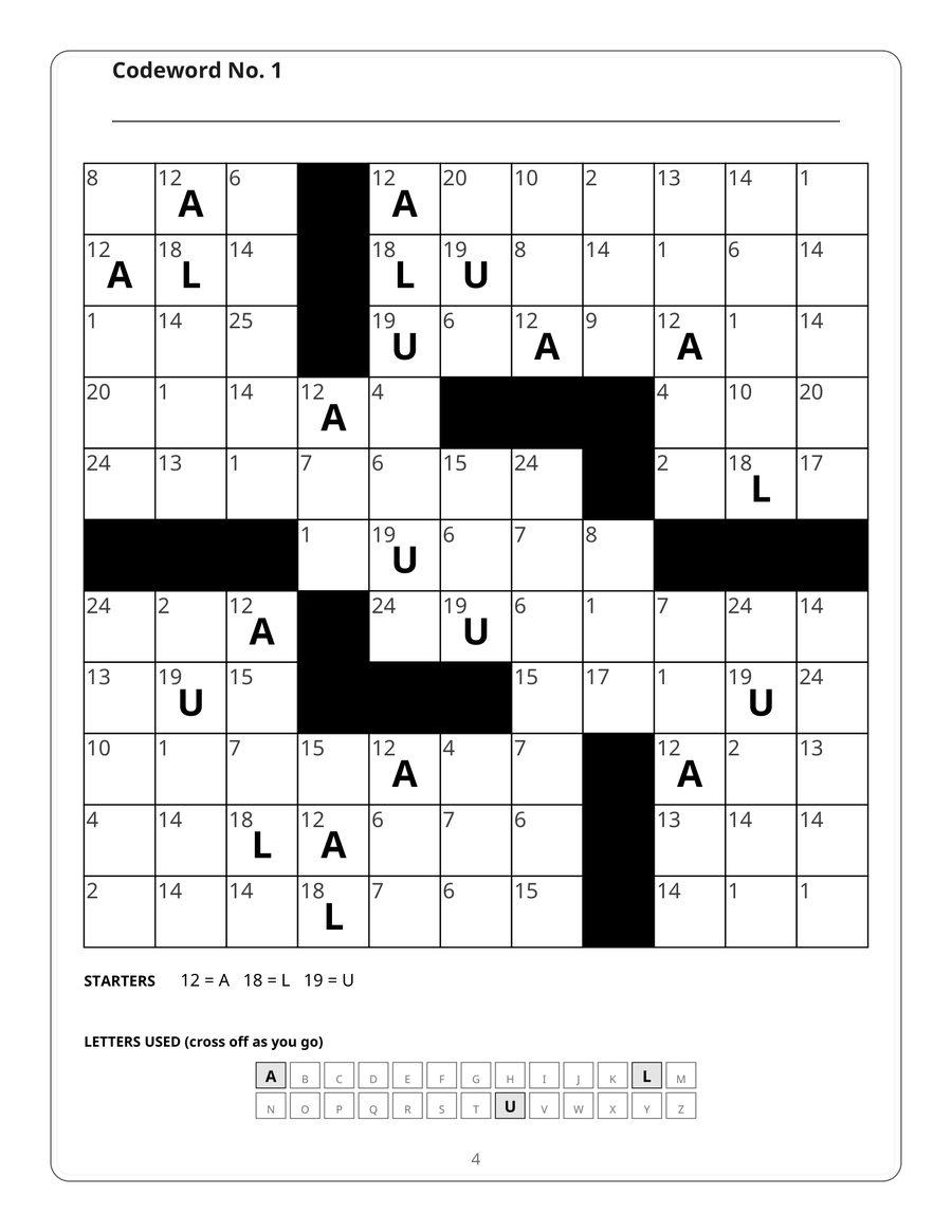 A worked example page from the free codewords set, showing one
                    11x11 puzzle printed at full size