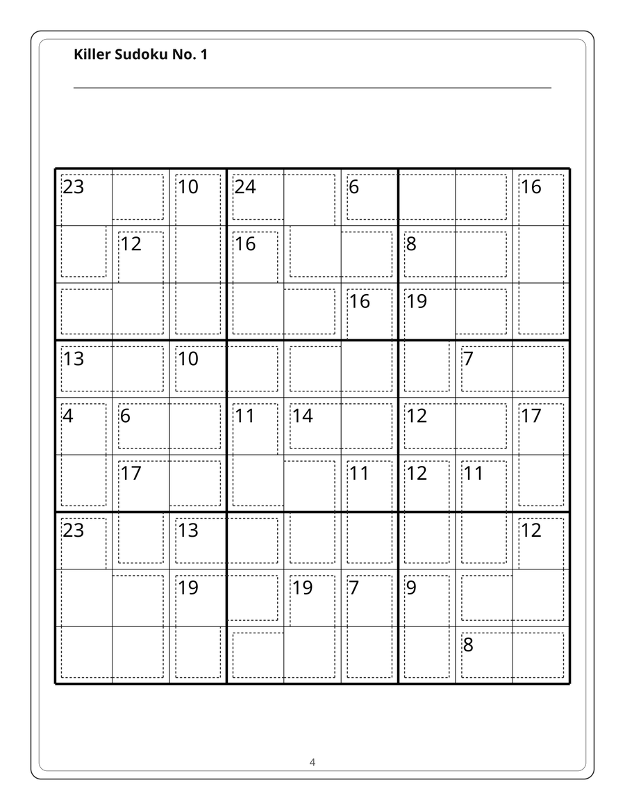 A worked example page from the free killer sudoku set, showing one
                    9x9 puzzle printed at full size
