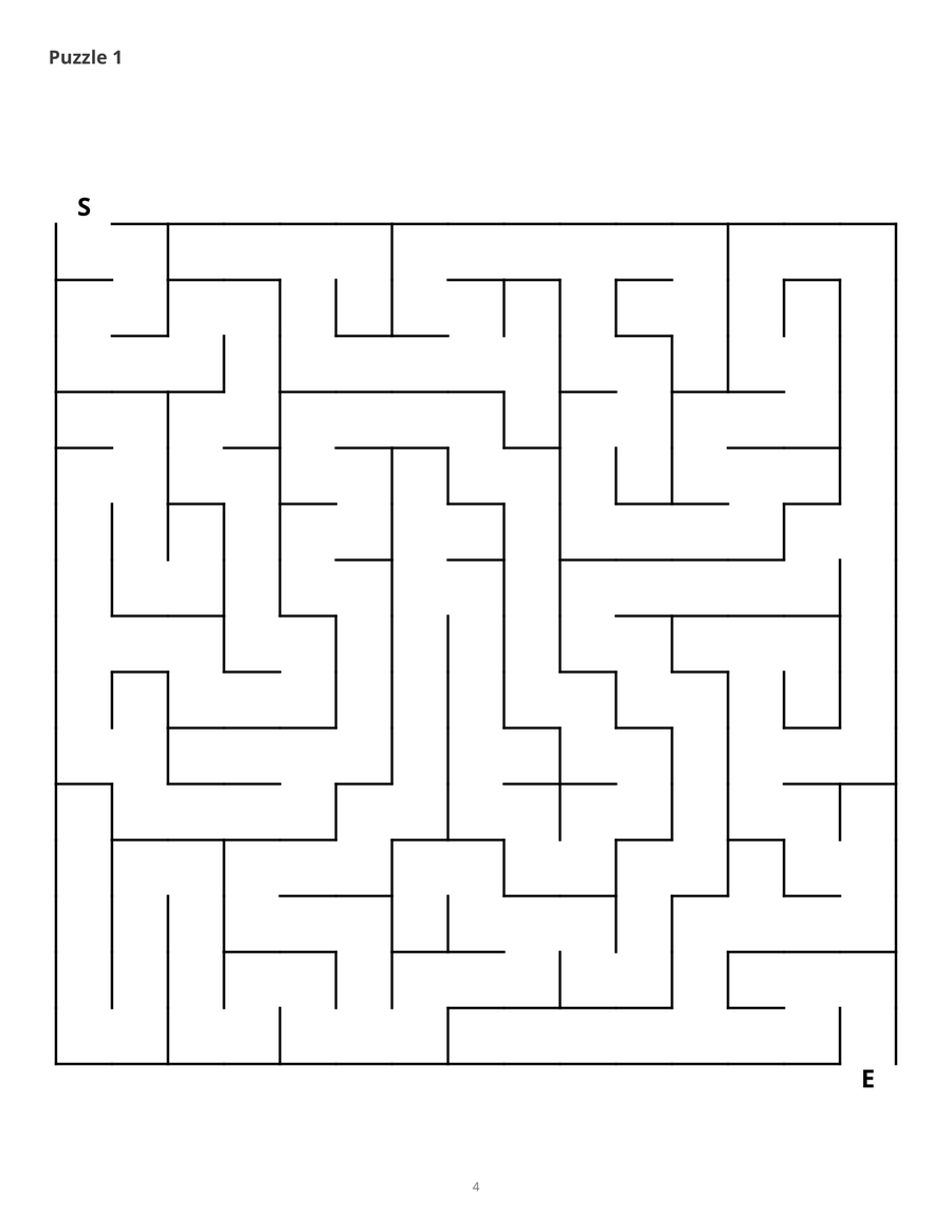 A worked example page from the free mazes set, showing one
                    Standard puzzle printed at full size