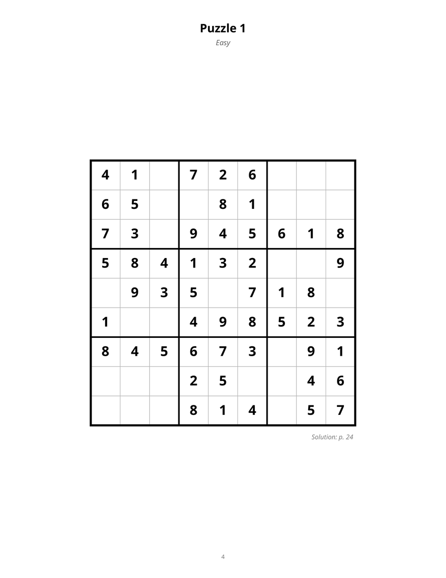 A worked example page from the free sudoku set, showing one
                    9x9 puzzle printed at full size