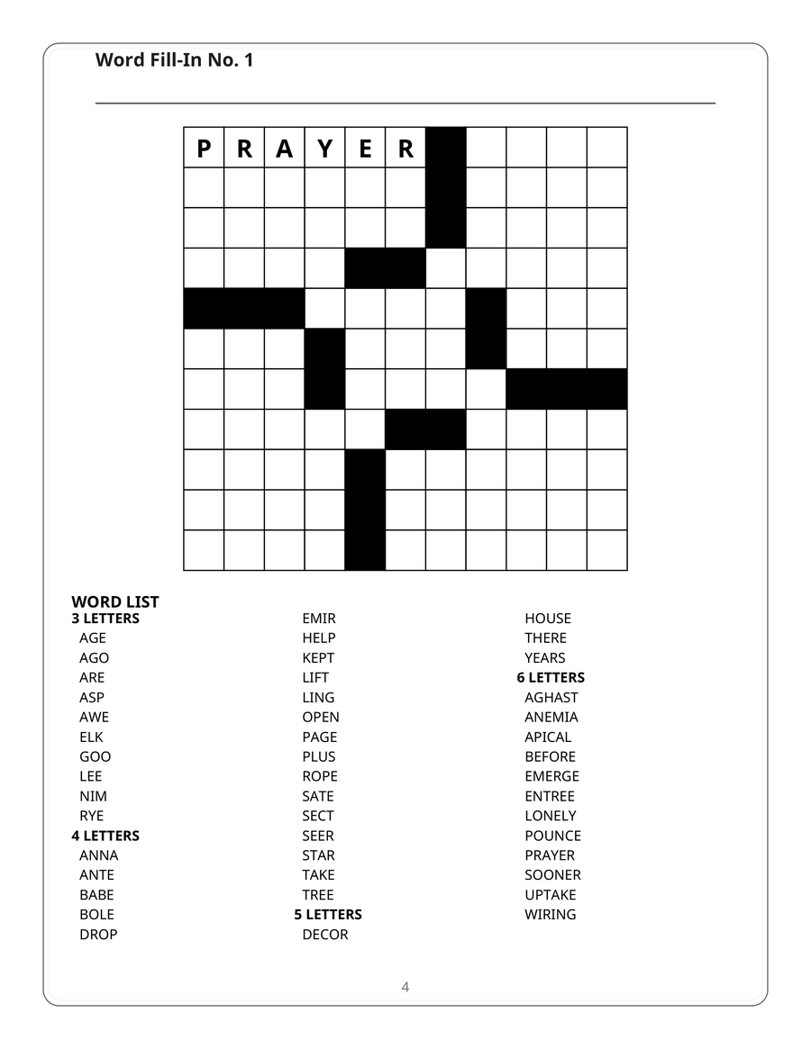 A worked example page from the free word fill-ins set, showing one
                    11x11 puzzle printed at full size