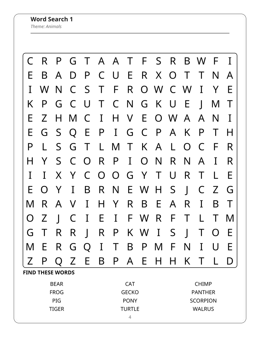 A worked example page from the free word search set, showing one
                    15x15 puzzle printed at full size